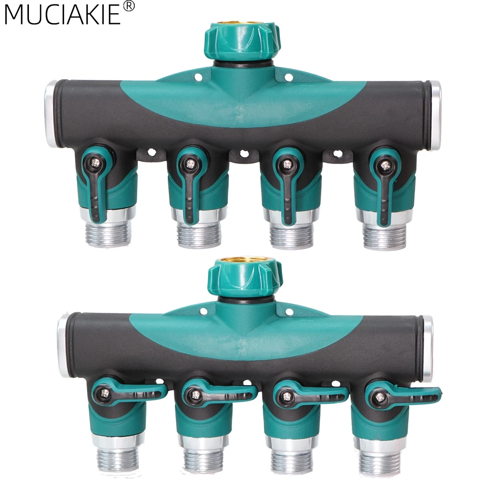 

MUCIAKIE NPT BSP Thread Garden Hose 4-Way Splitter 3/4'' Solid Connector Zinc Alloy Body Shut Off Valve Faucet Adapter w/ Rubber