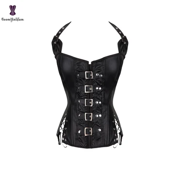 

Faux Leather Halterneck Corset Overbust Steampunk Gothic Corselet Black Waist Bustier Top S-2XL