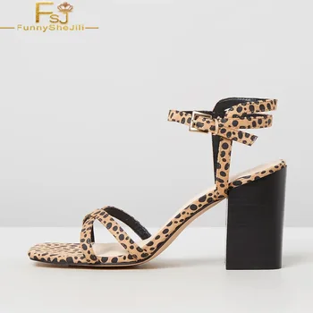 

Leopard Prints Women Sandals High Chunky Heels Flock Ankle Strap Buckle Large Size 13 16 Ladies Summer Fashion Mature Shoes FSJ