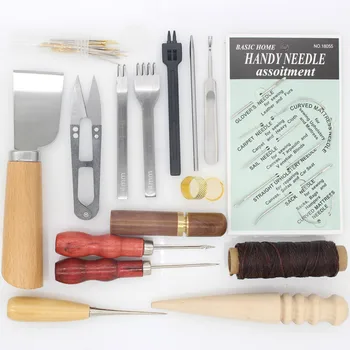 

15 Pcs / Lot Leather Sewing Hand Tools Set, Needle,Edge Hole Punching, Wax Thread, Knife, Scissors, Awl and With Hole or Hook