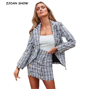 

2019 Retro Women Gray Check Gingham Plaid Blazer Soft Woolen High Waist A line Mini Short Skirts Long Sleeve Suits 2 Pieces Set