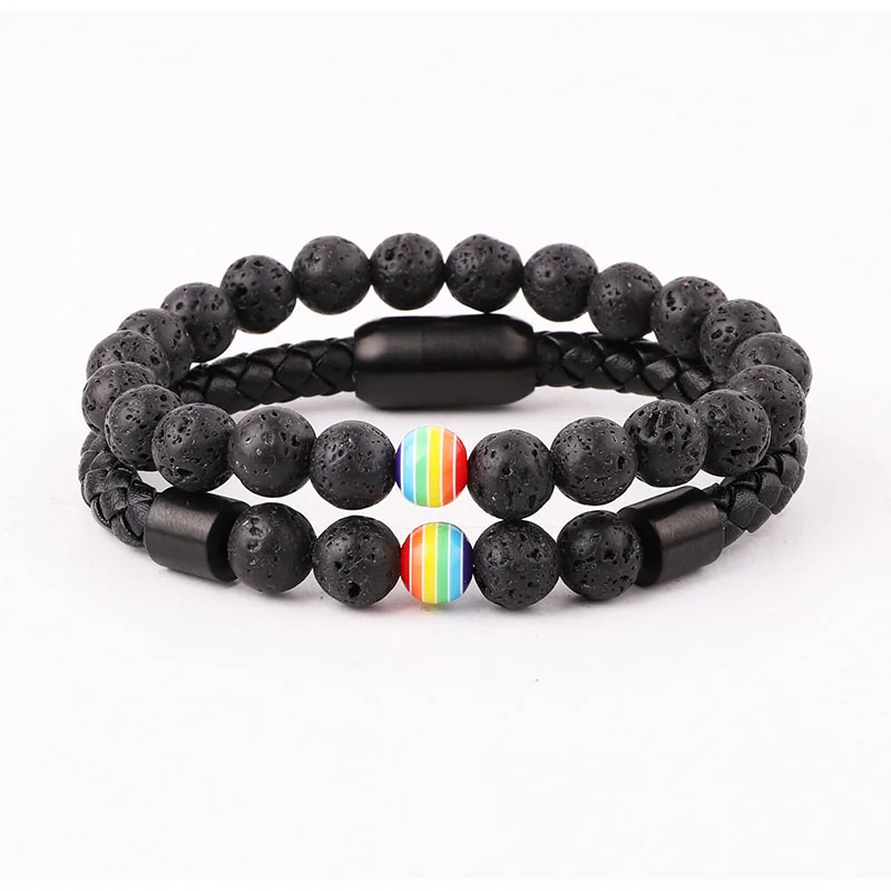 High Quality 316L Stainless Steel Clasp Lava Stone Charm Rainbow Ball Genuine Leather Bracelet Men Jewelry