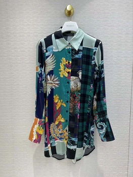 

luna2020 new fashion runway asymmetric flower and bird printing silk printing cutting piece stitching retro color casual N378