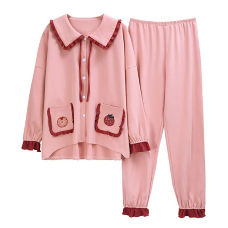 Pajama girl spring autumn thin long sleeve Korean student cotton sweet loose home clothes two piece autumn winter strawberry set