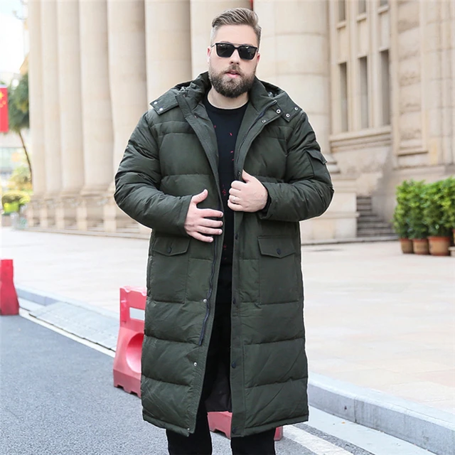Men's Extra Long White Down Jacket 86% Black Cargo Thick Hooded Coat Warm Male Clothing Plus Size