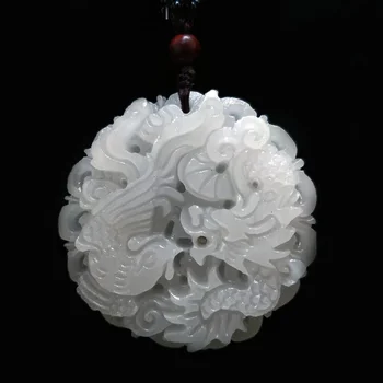 

Real Chinese Handwork 3A Natural White jade carving dragon phoenix God of Fortune Amulet Lucky Pendant Necklace Fashion Jewelry