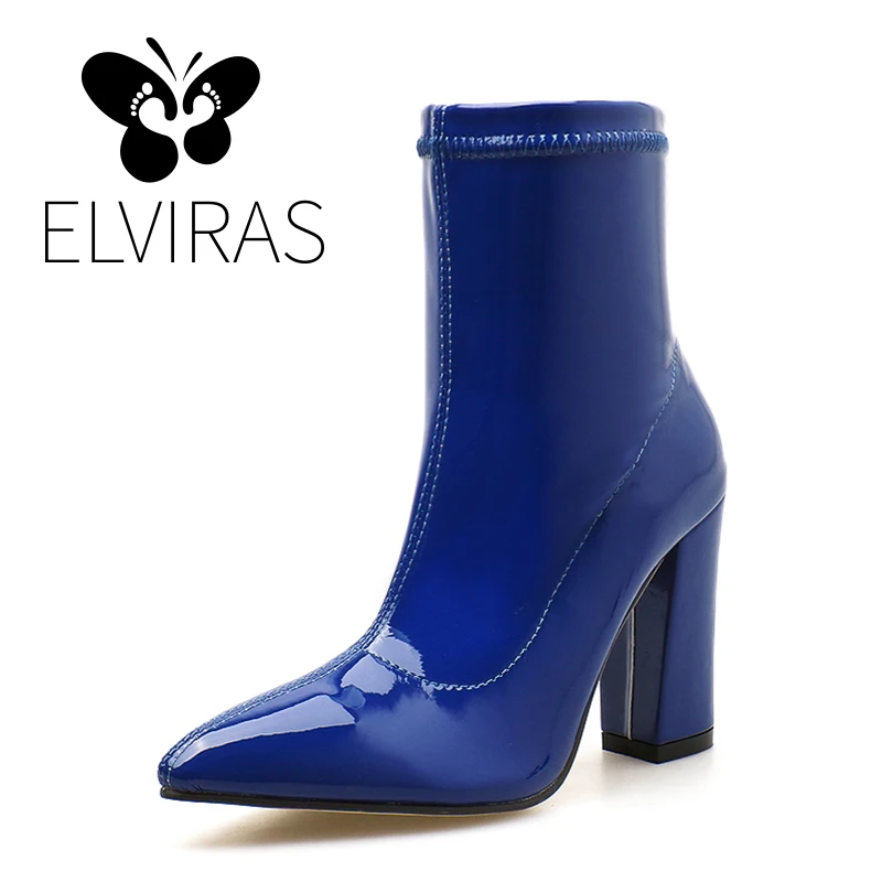 

ELVIRAS Women's Boots Pointed Toe Elastic Patent leather Ankle Boots Thick Heel High Heels Shoes Woman Female Socks Boots