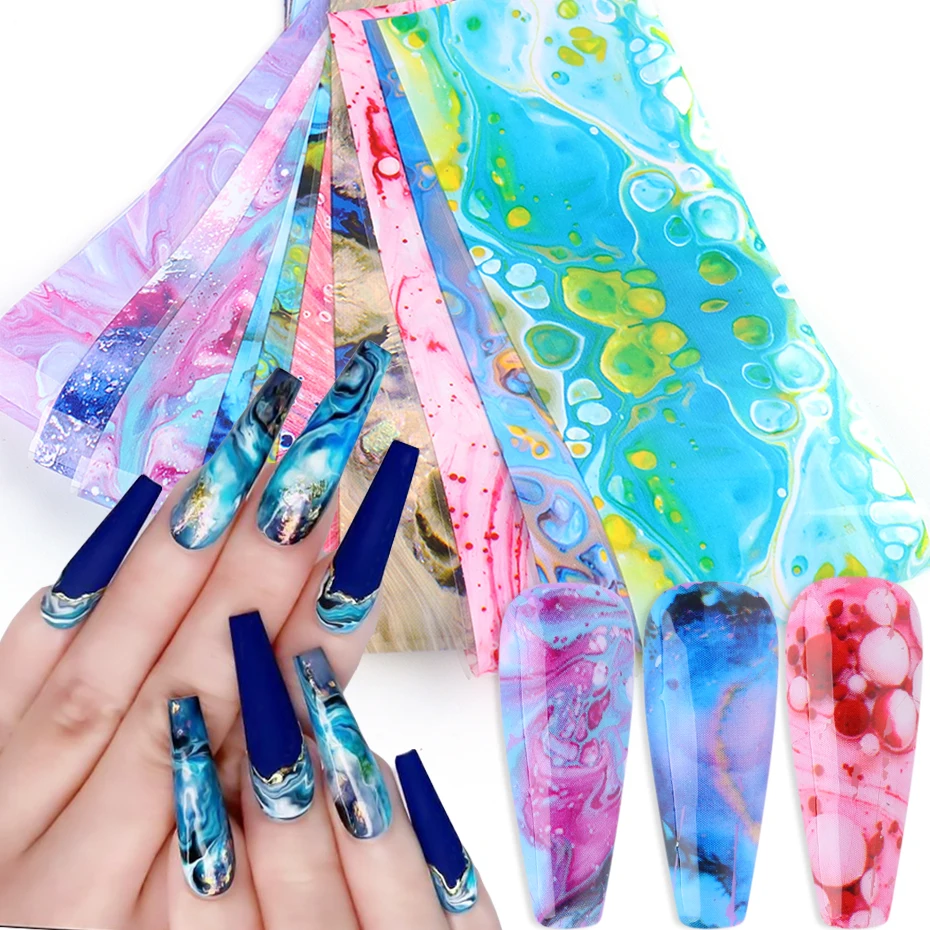 

10pcs Holographic Gradient Transfer Foil For Marble Nail Sticker Sets Colorful Flowing Starry Sky Sliders DIY Decorations NL2012