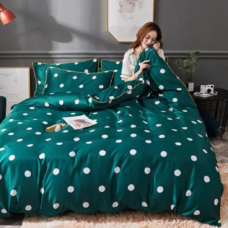 

Washed Silk Printing Wave Point Green 4 pcs Duvet Cover Bed Sheet Pillowcases White Red Blue Solid Pink Red Green