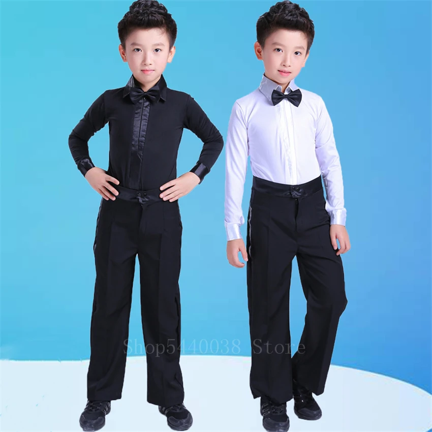 

Boys Latin Dance Costume Ballroom Cha Cha Rumba Salsa Tango Stage Performance Clothing Set Children Black White Bow Dancewear