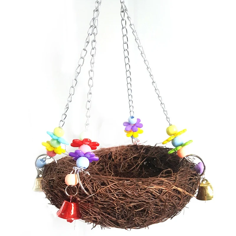 

Bird Handmade Rattan Vine Bird Nest Bird House Animals Cage With Bells Flower Accessories, Parrot Chewing Climbing Hanging Swing