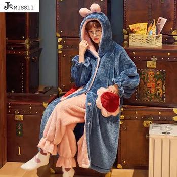 

JRMISSLI winter Hooded pajamas for women long sleeve Pyjama cartoon cute sleepwear suit Flannel ladies pijama