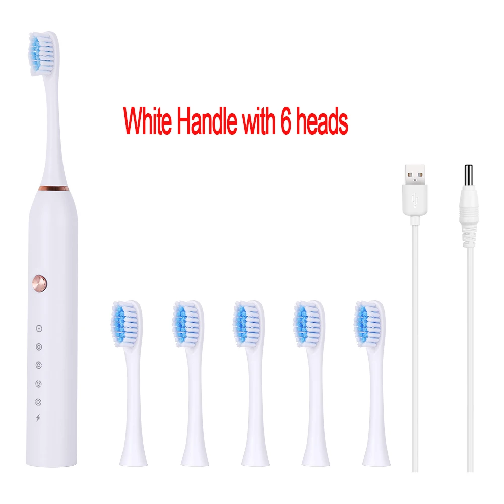 White Brush 6 heads Перезаряжаемая звуковая электрическая зубная щетка с сменными головками USB Электронная зубная щетка es гигиена полости рта зубная щетка - Цвет: White Brush 6 heads