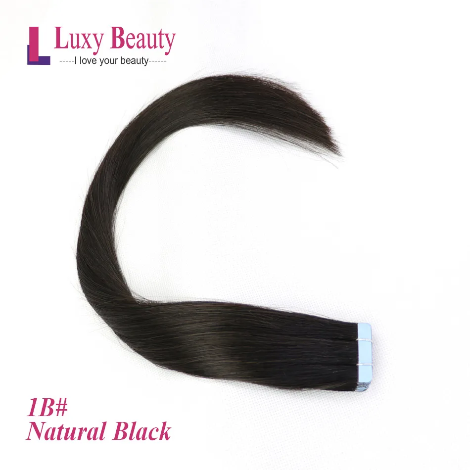 LuxyBeauty 14 дюймов 1.5 г / шт. Лента В Наращивание Человеческих Волос Человеческих Волос Реми Прямой Односторонний Уток Кожи Волос На Клеи 8 Цветов - Цвет: # 1B