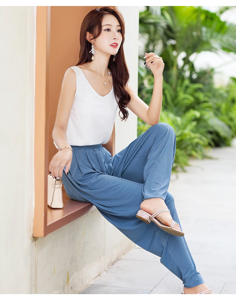 2020 New Summer Women Harem Pants High Waist Wide Leg Pants Casual Ankle-Length Trousers Loose Korean Plus Size Black Pants