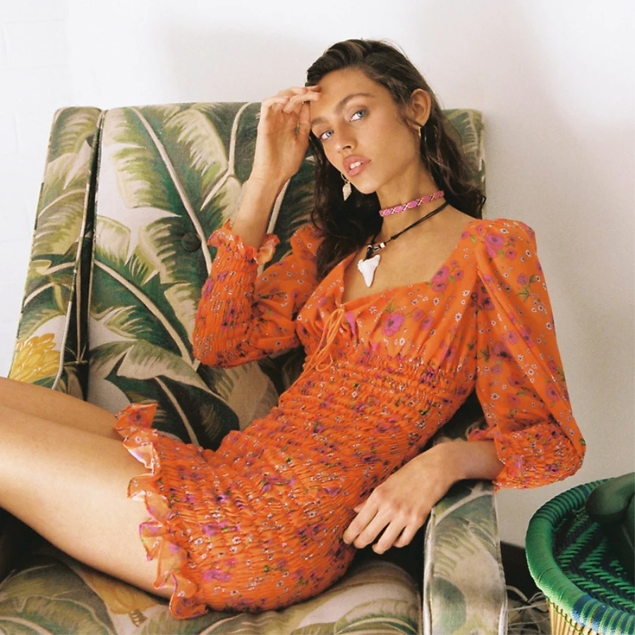 

2019 Summer Bandage Sexy Mini Long Sleeve Flower Printed Dress Square Collar Backless Orange Fashion Casual Vintage Dress Women