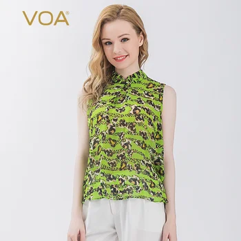 

Voa 12mm Silk Georgette Green Print Collar Pleats Sleeveless Breathable T-shirt B9621 Tshirt Harajuku T Shirt Women