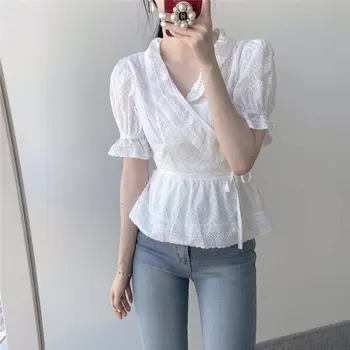 

Alien Kitty White Short Sleeves Slim Fashion Patchwork Lace Shirts 2020 Elegant Women Minimalist High Waist Sweet Chic Blouses