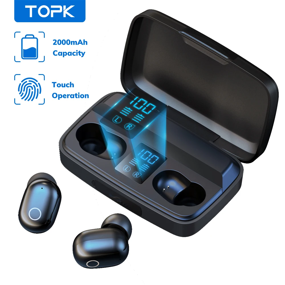 Беспроводные наушники TOPK TWS Bluetooth 5 0 2000 мА/ч зарядное устройство вкладыши