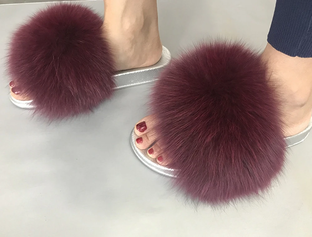 Женские Серебристые меховые шлепанцы с ПВХ Подошвой модные стильные пушистые шлепанцы с натуральным лисьим мехом мягкая теплая обувь с большим пушистым мехом VS1013