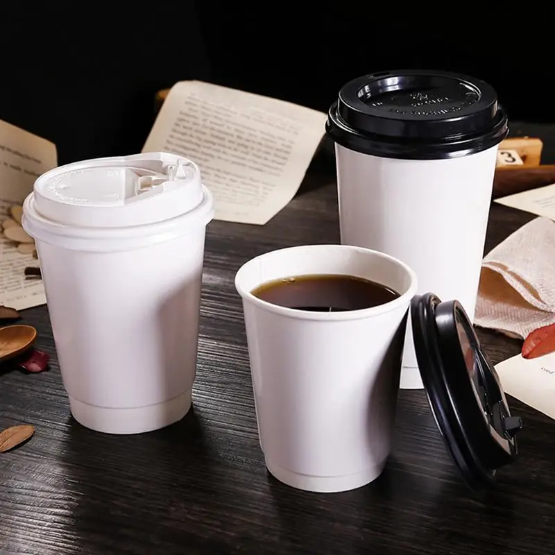 50pcs Disposable Coffee Cups Double-layer Paper Cup with Lid Milk Tea Cup Insulation Takeaway Office Drinking Accessories