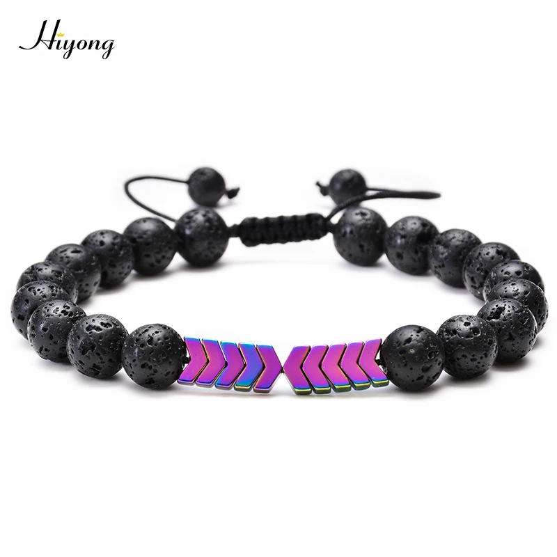 Lava stone Bracelet HIYONG камень из вулканической лавы браслет плетеный веревочный бисерный браслет Стрелки Браслеты с бусинами из натурального камня регулируемые ювелирные изделия - Окраска металла: Lava stone Bracelet
