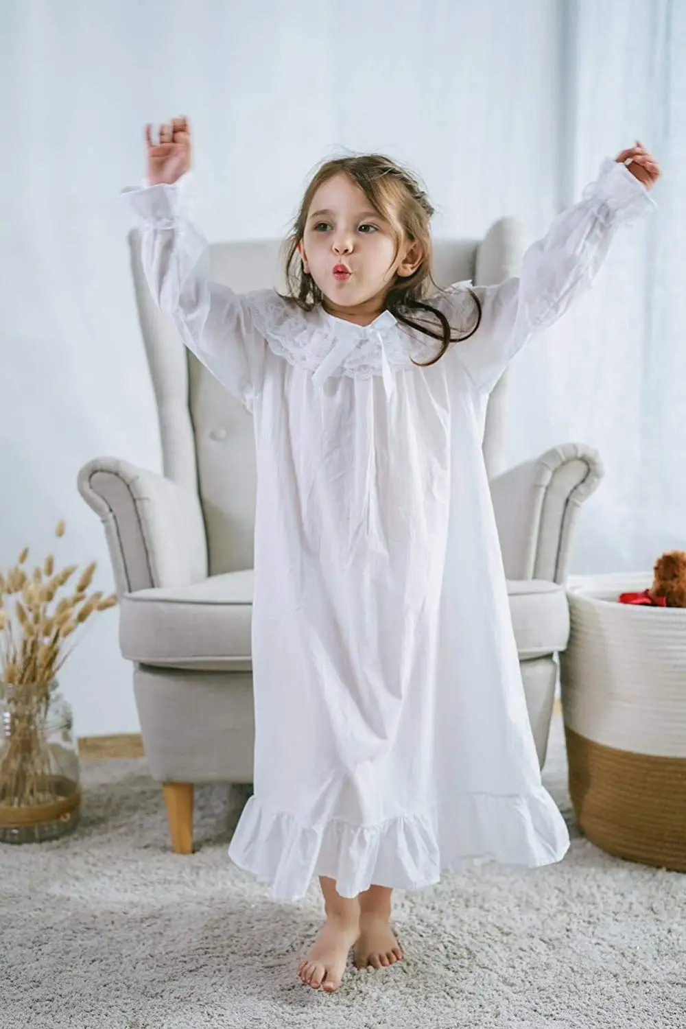 Baby Girl Clothes Princess Nightgown Long Sleeve Sleep Shirts Nightshirts Pajamas Christmas Dress Sleepwear kids for 3-12 Years - Color: White