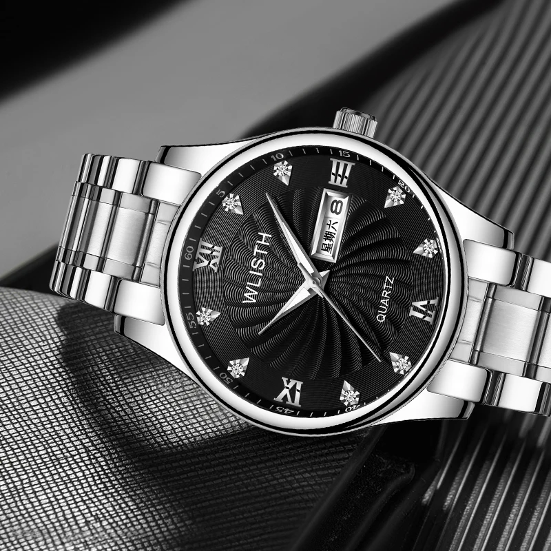 WLISTH Мужские кварцевые мужские часы деловые с двойным календарем светящиеся