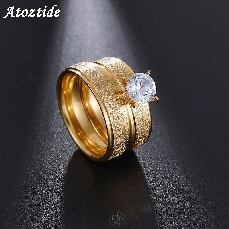

Atoztide Romantic Gold Titanium Steel Couple Ring Simple Crystal Polished 8MM Scrub Engagement Wedding Finger Ring For Lovers