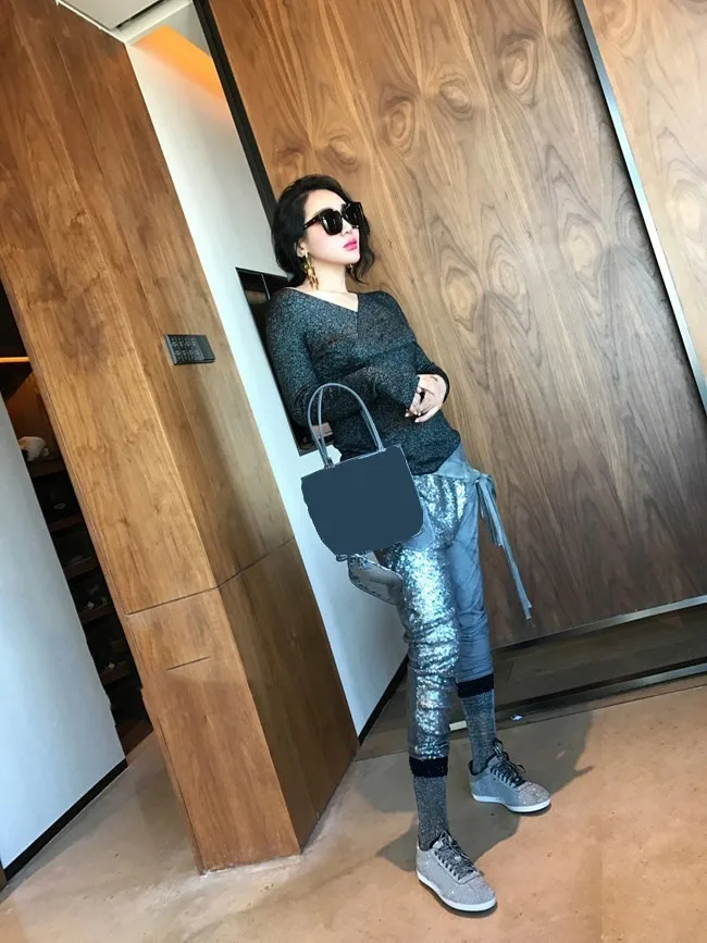WHITNEY WANG Осенняя мода уличная блестки пэчворк Асимметричная Талия шаровары женские стильные крестообразные брюки