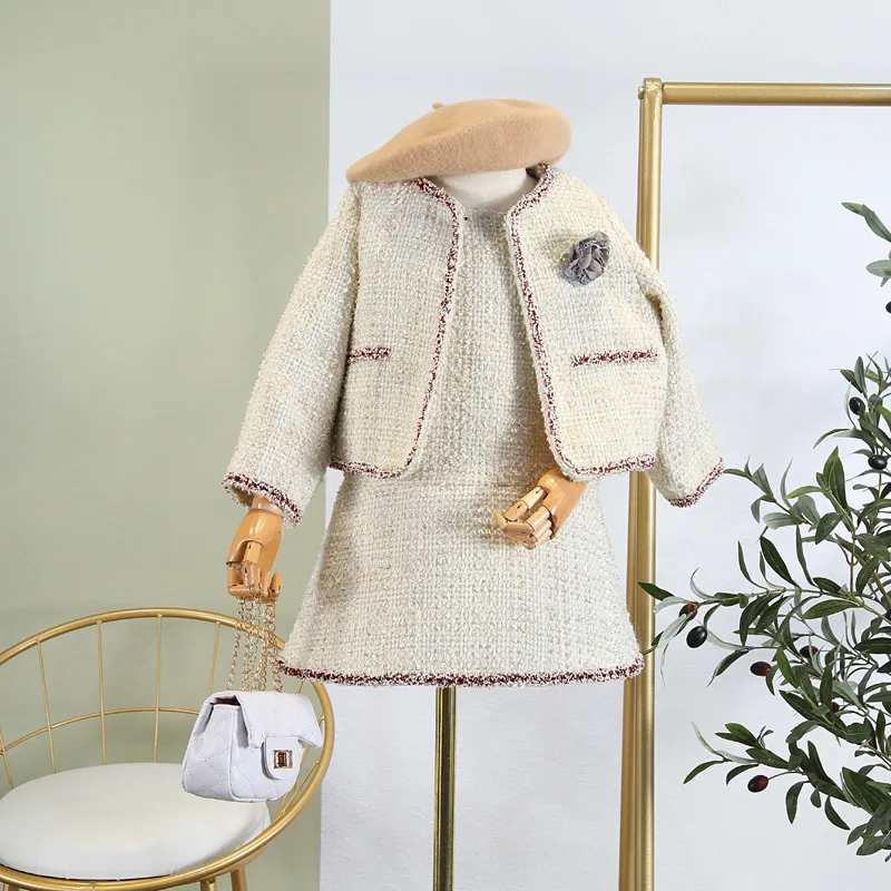 Комплект с юбкой для девочек; коллекция года; сезон осень-зима; стильный жилет с мелким ароматом юбка-трапеция плотная твидовая куртка комплект из двух предметов