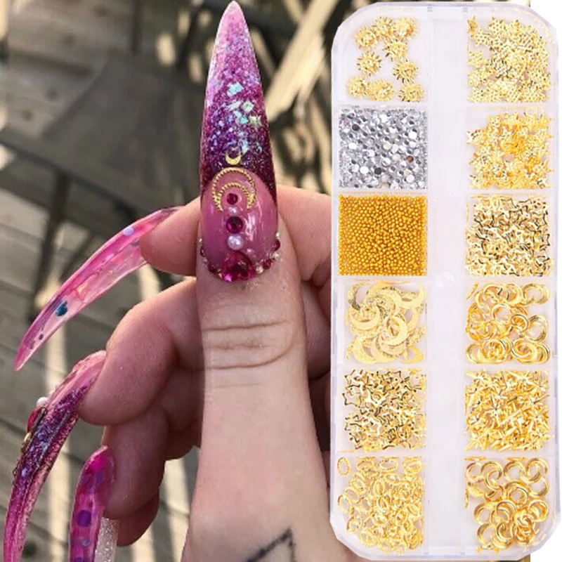 

12 boxes/box of golden silver metal moon star rivet flash 3D nail art DIY art decoration nail art accessories
