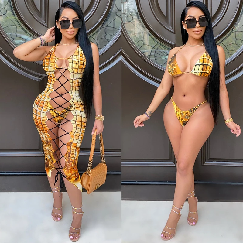 

New Sexy Print Women 3pcs Bikini Swimsuit Brazilian Beachwear Sleeveless Hollow Out Laced Beach Dress 3 Pieces Bathing Suit