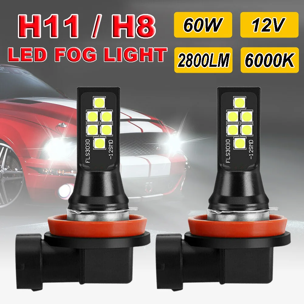 2Pcs Canbus H8 H11 LED Car Fog Light Lamp 6000K White Error Free Auto Bulbs 12V 60W 360-degree beam mode Day Running | Автомобили и