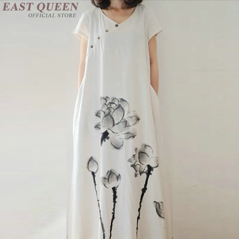 Свободные повседневные платья для женщин летние льняные платья с v-образным вырезом размера плюс длинные ретро платья винтажный женский халат TA1765