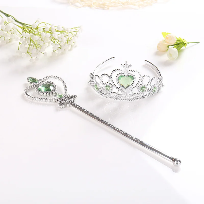 Green 2 Pcs Set Детский маскарадный костюм для девочек; корона принцессы Эльзы и Анны; волшебная палочка; головной убор; повязка на голову; сказочный костюм эльфа; аксессуары; реквизит; подарок - Цвет: Green 2 Pcs Set