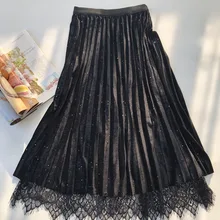 Женская эластичная высокая Талия Кружева и сетки и Бархат Лоскутная плиссированная юбка миди-женская бежевая/кофейная/серая/черная двухсторонняя юбка