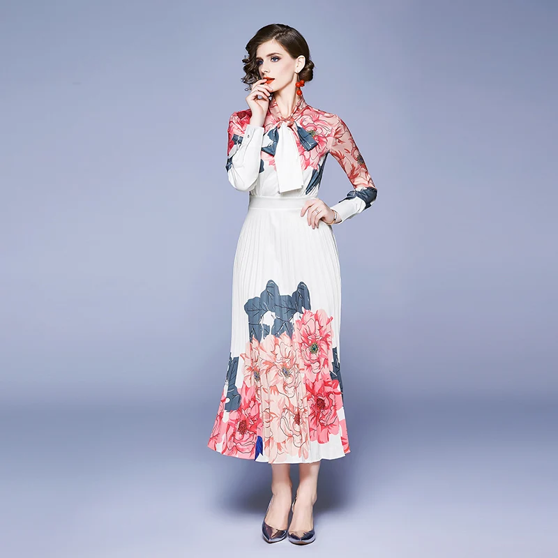 Banulin Fashion Runway Designer Maxi Dresses Women's Long sleeve Bow collar Elegant Rose Floral Printed Pleated Long Dress