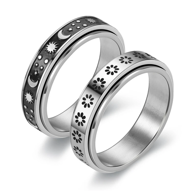 Stainless Steel Star/Flower/Moon Spinner Ring For Women Men Fidget Wide Band Hammered Meditation Fidget Spinner Size 6-11