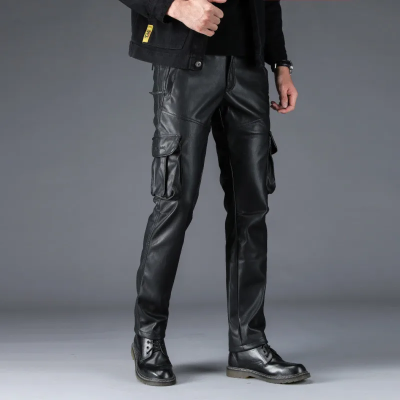 MORUANCLE мужские зимние теплые кожаные байкерские брюки с несколькими карманами на флисовой подкладке мотоциклетные брюки из искусственной кожи для мужчин, большие размеры 29-40
