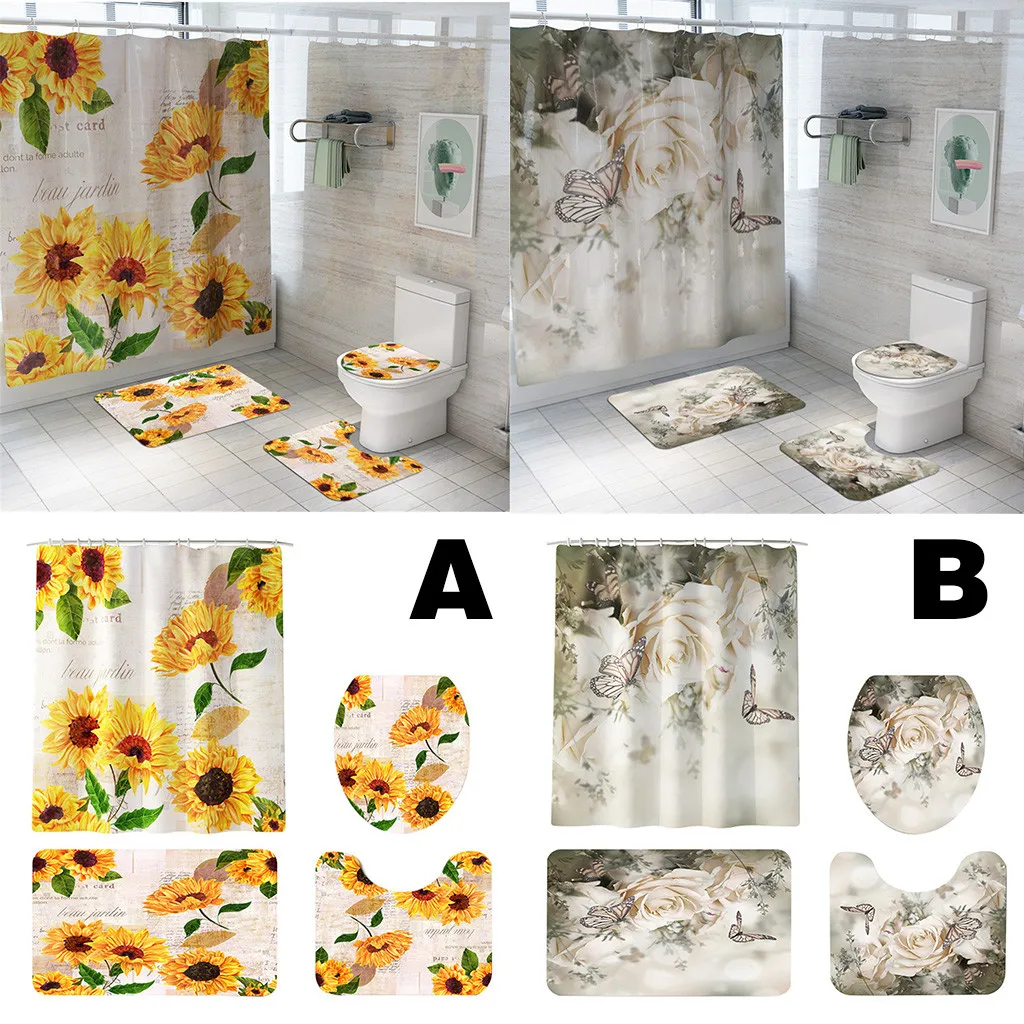 Daisy rose Toilet Bathroom Mat And Shower Curtain Four-Piece Set Bathroom supplies T3