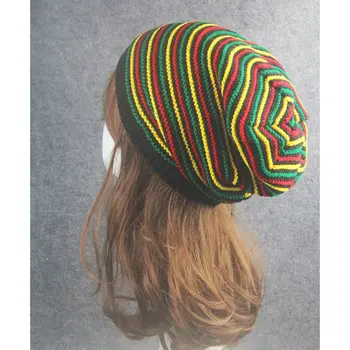 

Unisex Crochet Wavy Fine Stripes Beanie Cap Rainbow Jamaica Flag Baggy Skull Hat