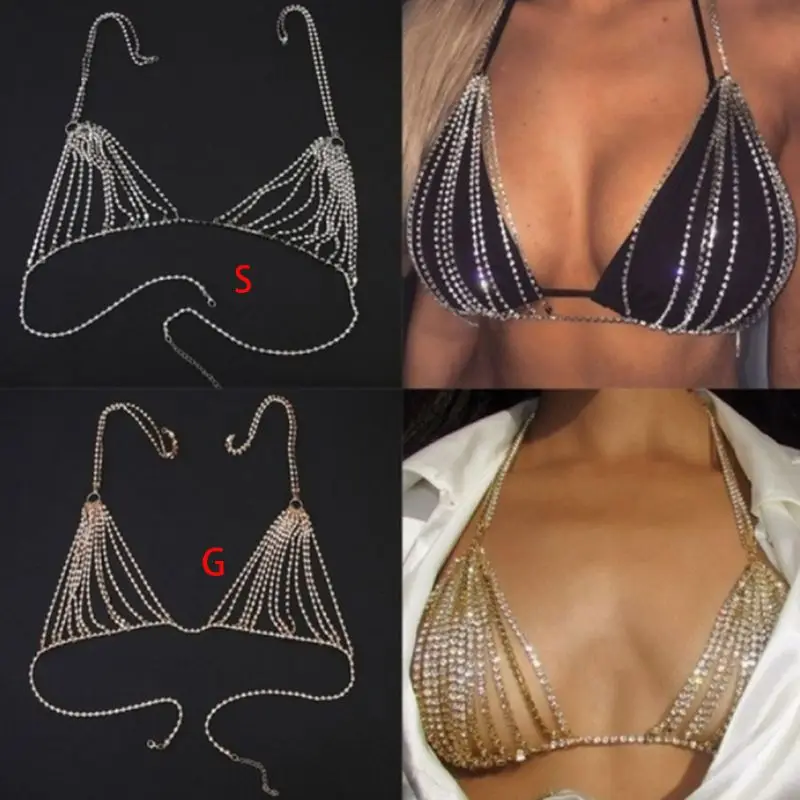 Женский Блестящий лиф, украшенный горным хрусталем нательная цепь Сексуальная искусственный бриллиант бикини Bralette пляжные вечерние ювелирные изделия ожерелье бюстгальтер аксессуары