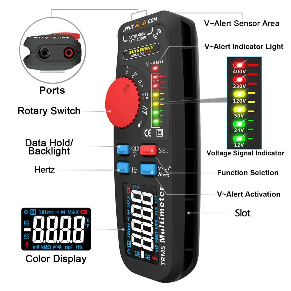 Kopen Color Display Digitale Multimeter Maxrieny 92CL pro Multi Voltmeter Spanning Frequentie Weerstand Condensator Diode Nvc Tester Meter
