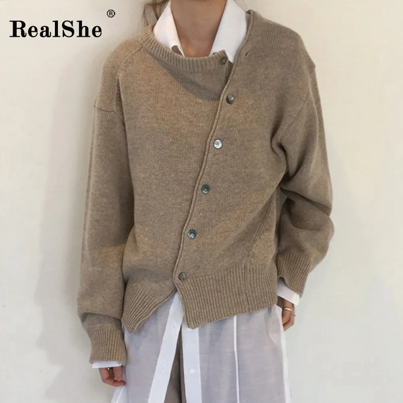 Skup RealShe Cashmere sweter kobiety 2019 O Neck z długim rękawem jednolita, z guzikami sweter kobieta sweter elegancki Casual luźne swetry damskie