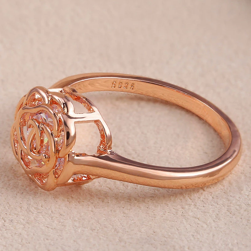 Дизайн, полые розы, цветы, кольца на палец для женщин, серебро, розовое золото, сверкающие CZ, свадебные, Обручальные, вечерние, ювелирные изделия, кольцо, подарок