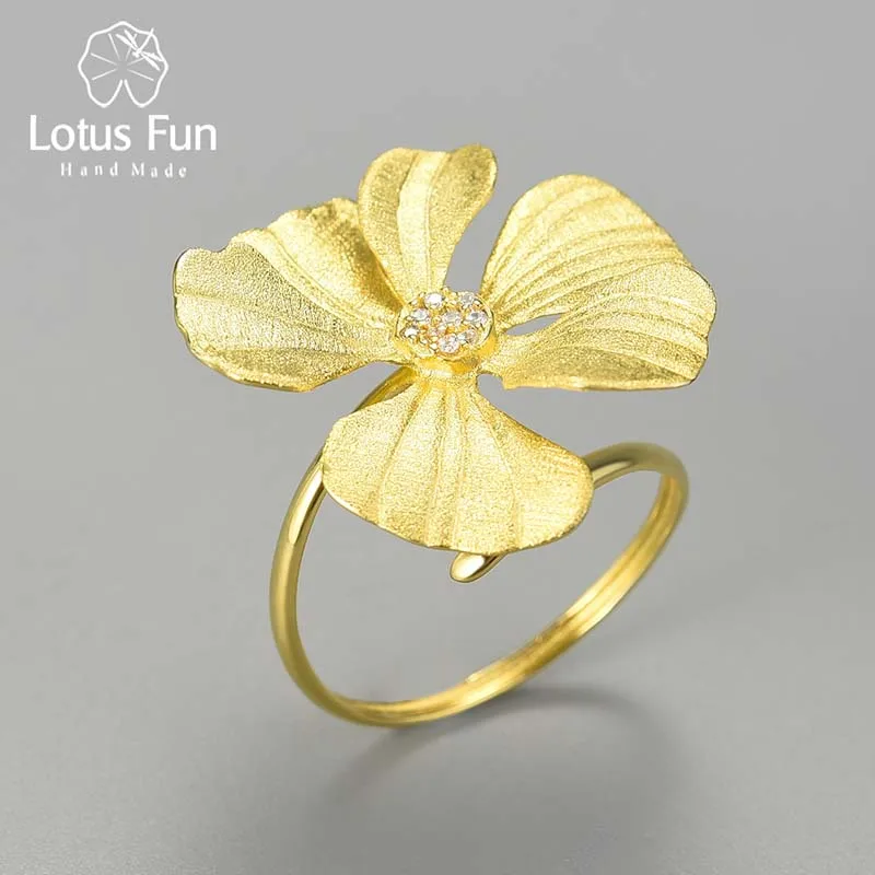 Lotus Fun Elegant Real 925 Sterling Silver Zircon Adjustable Large Peony Flower Rings for Women Engagement Statement Jewelry