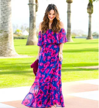 

Fashion Floral Woman Dress Nice Spring Summer Short Sleeve Boho Maxi Dresses A-Line Empire Vestido