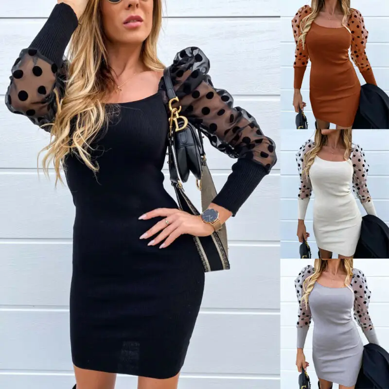 2019 женское сексуальное Сетчатое платье отвесная Пышное Платье с длинным рукавом