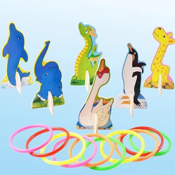 

6 Pcs/Set Hot Sale Multicolor Cartoon Wooden Animal Children Outdoor Fun Toy Ring Ferrule Throwing Game Interaction Toys